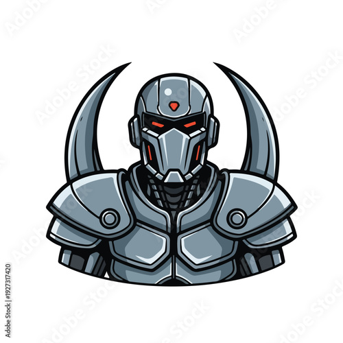 Cartoon robot character in futuristic metallic armor with glowing red eyes