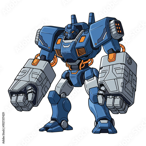 Blue and orange robot character with large fists and mechanical body