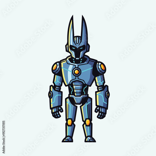 Robot Character in Futuristic Blue Metal Armor with Yellow Accents