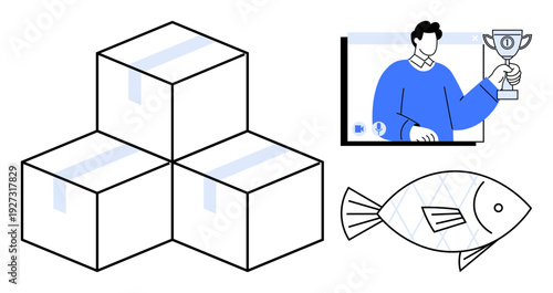 Stacked rectangular boxes illustrating logistics, an individual holding a trophy on a screen representing success, and a stylized fish symbol. Ideal for delivery services, e-commerce, online