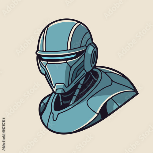Cartoon robotic character with helmet and armor on beige background