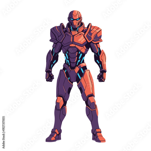 Futuristic purple and orange robot character with blue accents standing heroically