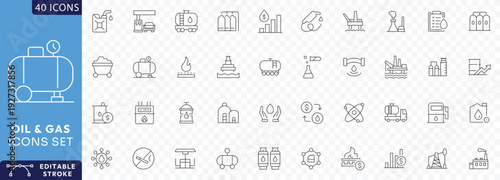 Oil & Gas line icon set. Containing fuel, refinery, petroleum, oil well, gas pump, offshore platform, lubricant, oil barrel Etc. Fully Editable. Vector illustration.