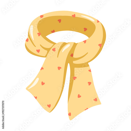 Spring yellow scarf decorated with small red heart pattern. Cartoon vector isolated illustration on white background