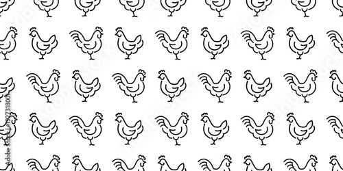 Seamless rooster and chicken pattern in outline icon style. Repeating vector background with farm poultry symbols.