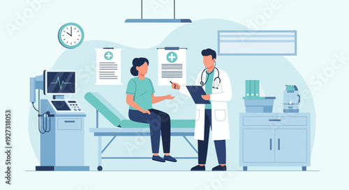 a professional male doctor holding a clipboard and talking to a female patient sitting on an examination bed. The medical office background includes a heart rate monitor, medical posters, and shelves.