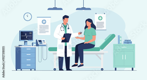 a professional male doctor holding a clipboard and talking to a female patient sitting on an examination bed. The medical office background includes a heart rate monitor, medical posters, and shelves.