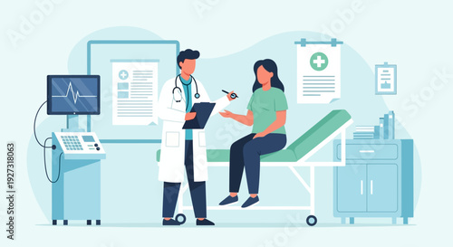a professional male doctor holding a clipboard and talking to a female patient sitting on an examination bed. The medical office background includes a heart rate monitor, medical posters, and shelves.