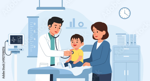 ediatrician examining little boy with stethoscope in clinic flat vector illustration. friendly male pediatrician doctor examining a happy young boy with a stethoscope while his mother sits nearby.