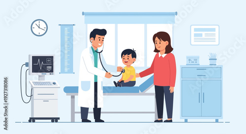 ediatrician examining little boy with stethoscope in clinic flat vector illustration. friendly male pediatrician doctor examining a happy young boy with a stethoscope while his mother sits nearby.