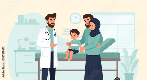 Muslim Family with Son Consulting Doctor for Circumcision in Clinic Illustration. This scene depicts a medical checkup or circumcision khitan consultation in a modern clinic.