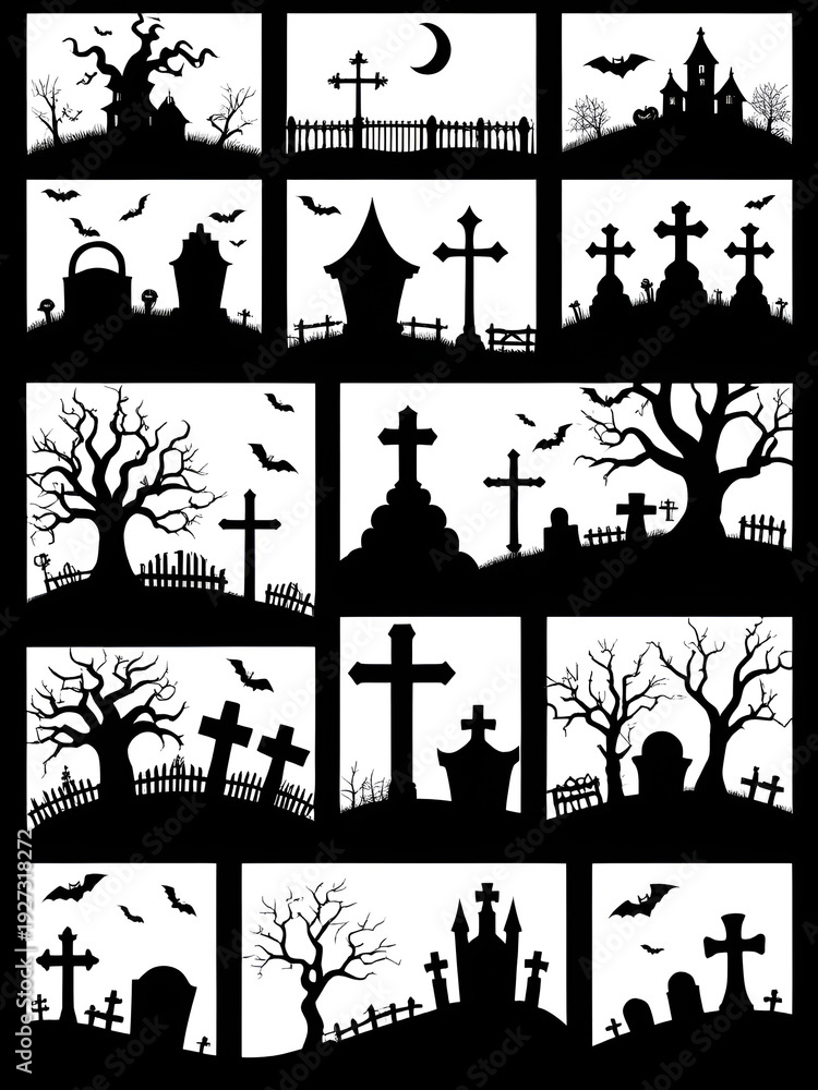 Fototapeta premium Halloween silhouettes set with haunted trees, crooked crosses, skulls with hollow eyes, ghosts, bats, cursed moon, graveyard fence, tombstones and rising hands from dark ground