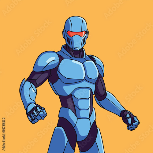 Cartoon superhero character in blue armor with orange eyes standing strong