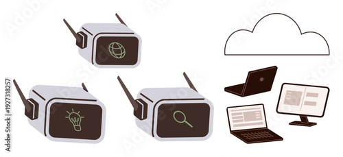 Virtual reality, cloud computing, digital innovation, online learning, modern communication, cybersecurity. VR headsets, laptops and cloud icons. Virtual reality and cloud computing concept