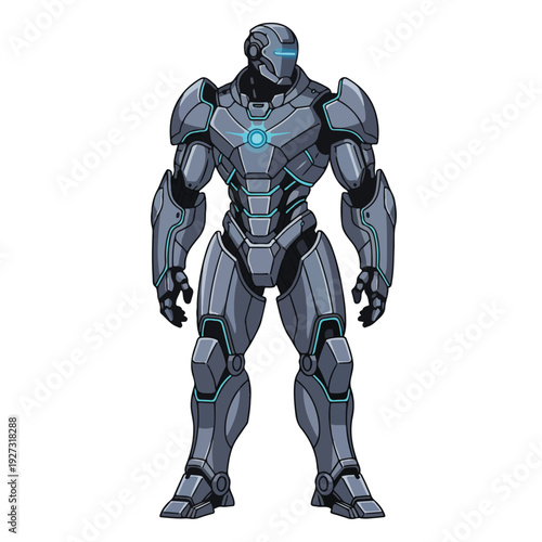 Gray robotic humanoid figure with blue accents standing alone