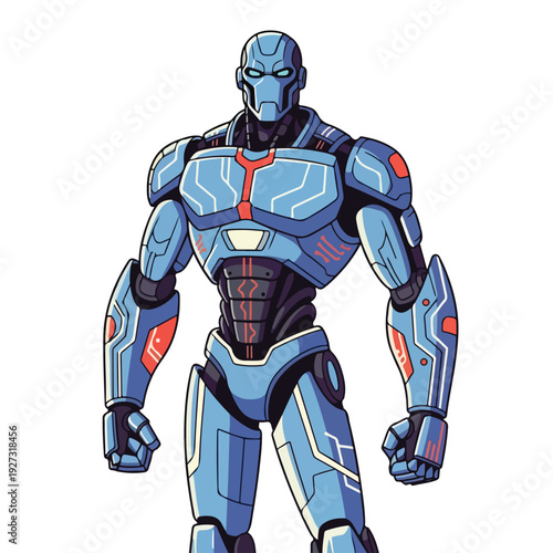 Robot superhero character in futuristic armor with red accents