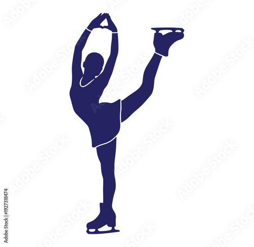 Figure skater in a graceful pose on ice skates performing a balancing move with one leg raised high