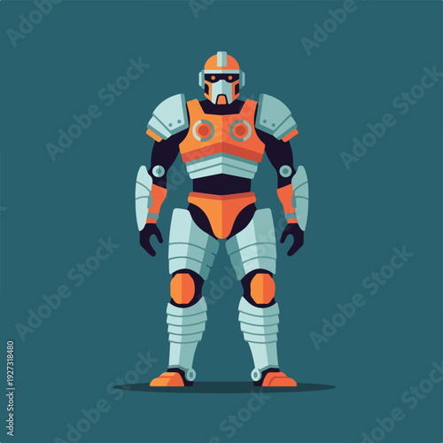 Futuristic robot character in silver and orange armor standing alone