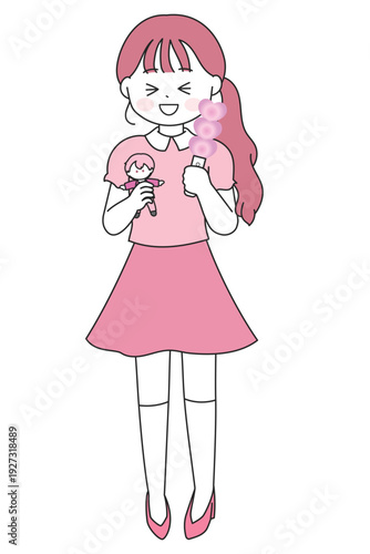 メンバーカラーピンクのアイドルを推す女性｜ライブを楽しむ女性のイラスト