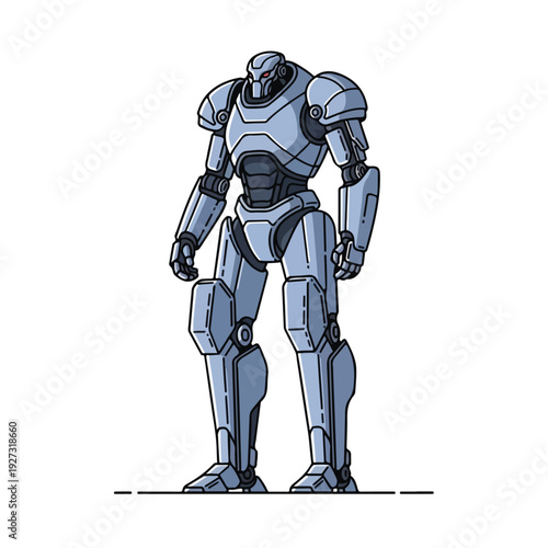 Robot standing in futuristic silver armor on white background
