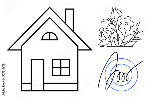 Real estate, signature authentication, home design ideas, gardening, minimalistic decor, document signing. House with chimney, flowers and stylized hand signing. Real estate and signature