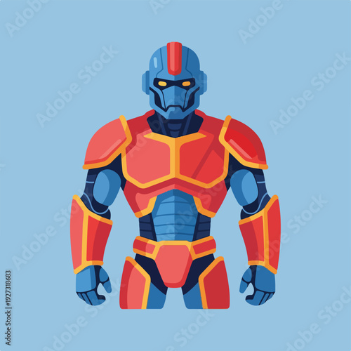 Animated robot character wearing red and yellow armor on blue background