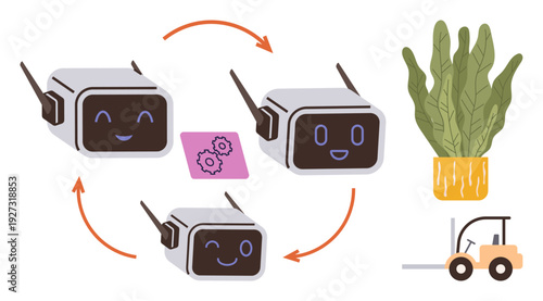 Technology, robotics, automation, sustainability, workflow, industry. Circular workflow with cheerful robots, settings icon plant in pot and forklift. Robotics and automation concept