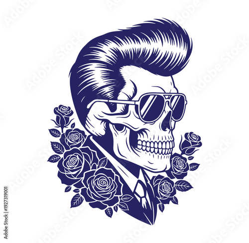 Rockabilly skull with pompadour hairstyle and sunglasses surrounded by roses