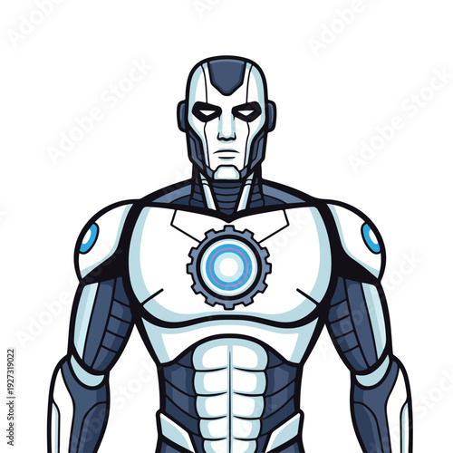 Robot superhero character with gear emblem on chest standing strong