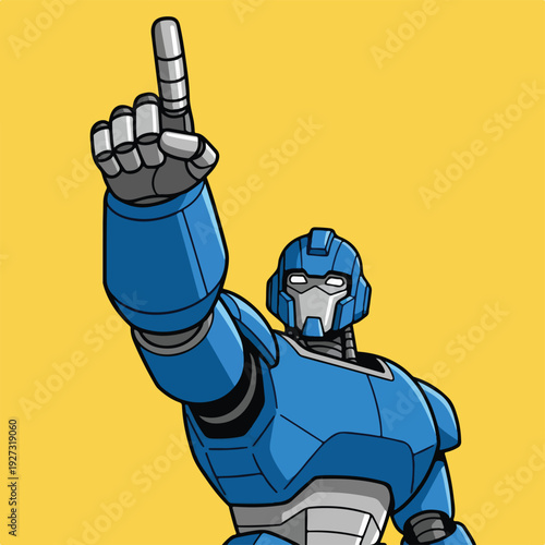 Blue robot character giving the finger on yellow background