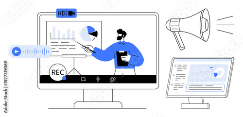 Video conferencing, online education, remote work, digital marketing, virtual meetings, training sessions. Computer screen showing data presentation, charts and a megaphone. Video conferencing