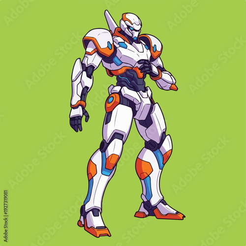 Robot with orange and blue accents standing on green background