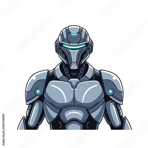 Robot character with glowing blue eyes in metallic armor