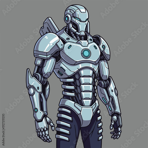 Futuristic robot character in metallic armor standing alone