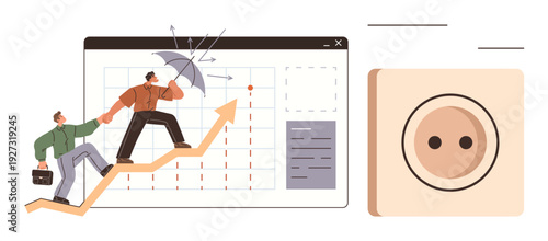 Business strategy, financial growth, teamwork, risk management, data security, success metrics. People climbing an arrow chart with a shield deflecting risks. Business strategy and financial growth