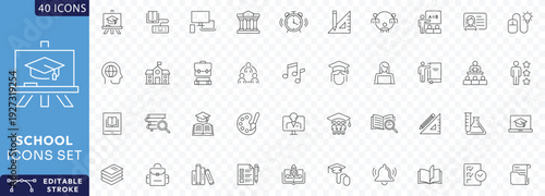 School icon set. Education and knowledge icons. Containing Learning, classroom, students, online education, Etc. Fully Editable. Vector illustration.