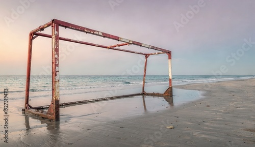 Abandoned rusty football (soccer) goal on empty beach, climate change and erosion concept, desolate coastal landscape with dramatic sky background