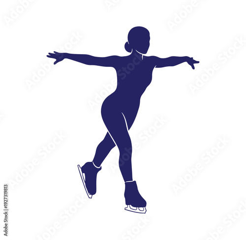 Woman ice skating on frozen rink in dynamic pose with arms outstretched sideways