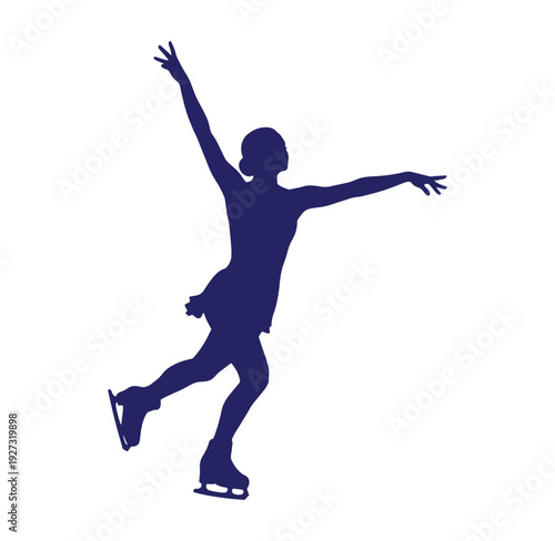 Woman ice skating with arms outstretched in dynamic pose on white background