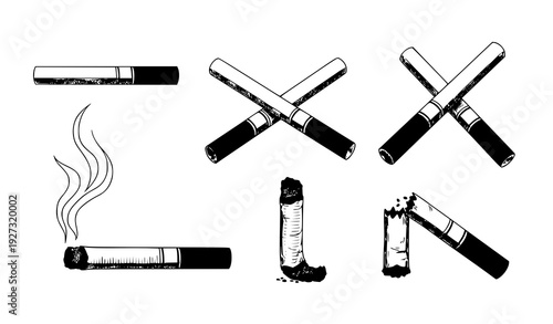 Hand drawn cigarette vector illustration set with smoking and broken cigarettes isolated on white