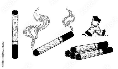Cigarette hand drawn vector set sketch style smoking tobacco illustrations isolated on white background