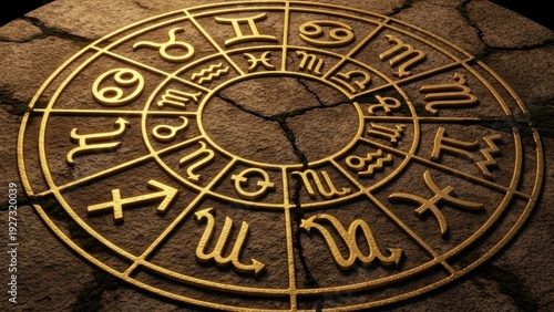 Golden Zodiac Wheel Astrology Symbols on Cracked Stone Background