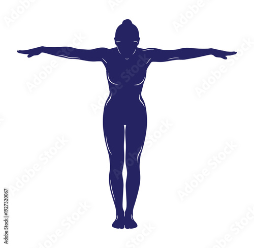 woman in blue silhouette standing with arms outstretched on white background