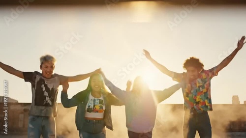 Wallpaper Mural Diverse group of young friends celebrating with arms raised in the air against a sunset backdrop Torontodigital.ca