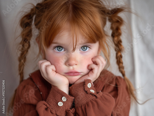 Close-up portrait of cute redheaded girl with braids and blue eyes, moody expression