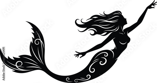 A mystical black silhouette of a mermaid with flowing hair and ornate tail