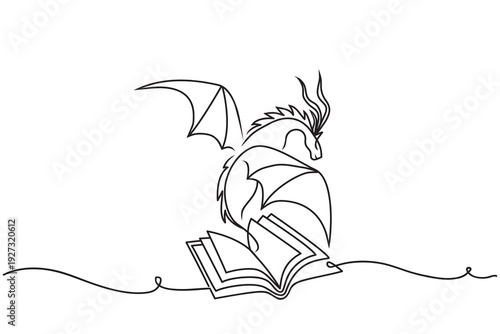 Minimalist one line drawing of a dragon flying over an open book on the white background. Fantasy storytelling concept. Sketch elements. Black and white. Hand drawn vector illustration.