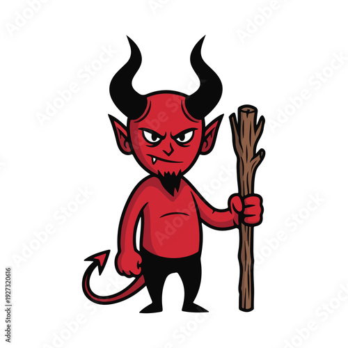 Cartoon devil character holding a wooden stick