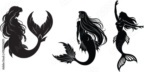 Three black silhouette illustrations of mermaids in various poses and tail styles