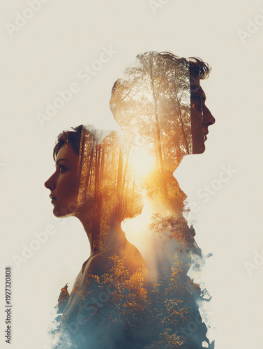 Double exposure portrait of man and woman with forest sunrise, relationship concept